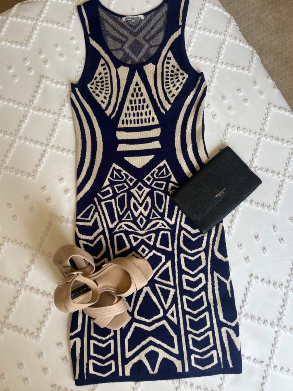 STILLETTOS Navy & Cream Tribal Geometric Bodycon Dress Aztec Print SIZE LARGE